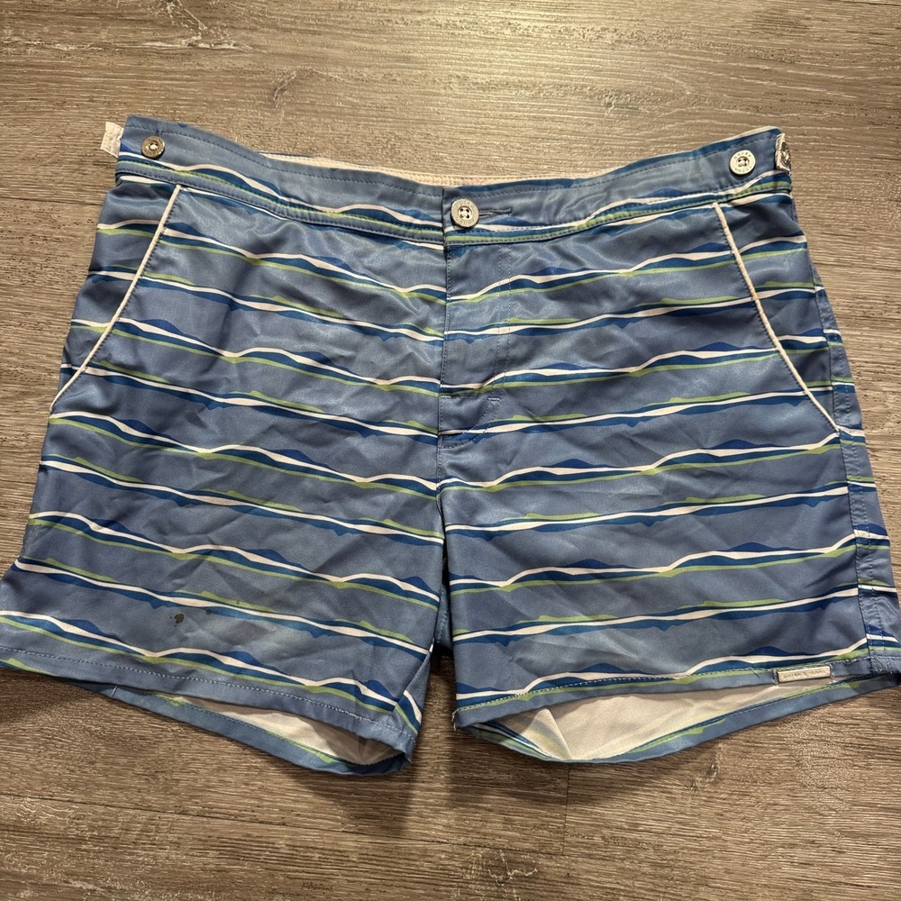 Parke & Ronen Swim Trunks Mens 34 Blue Green‎ Stripe Polyester Lined Board Short
